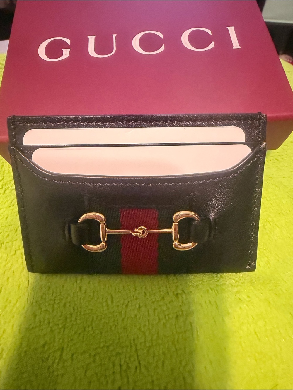 Gucci Black Leather Card Case wallet with Red & Green Stripe and Gold Horsebit